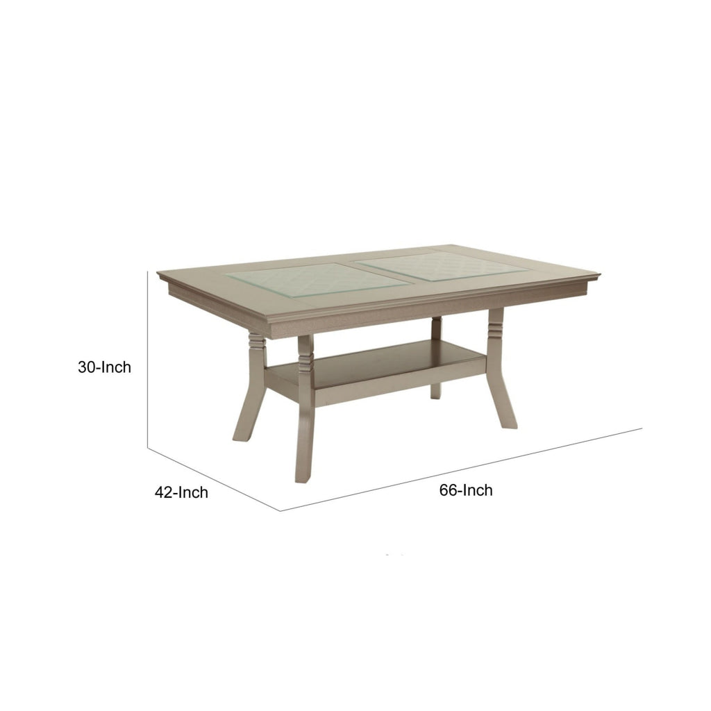 Teme 66 Inch Dining Table Glass Top Lower Shelf Beige Rubberwood By Casagear Home BM314676