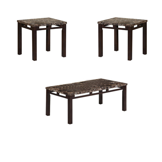 Sem Coffee and End Table Set of 3, Faux Marble Top, Brown Metal Frame By Casagear Home