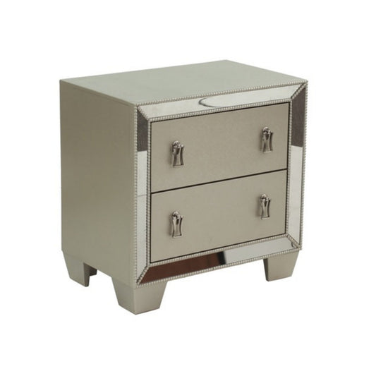 Dem 26 Inch Nightstand with 2 Drawers, Platinum Trim, Silver Wood Finish By Casagear Home