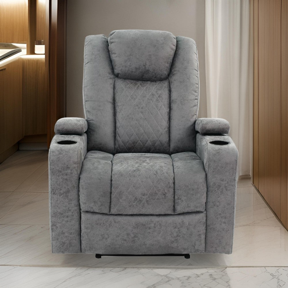 Kem 39 Inch Power Recliner Chair, Adjustable Headrest, Gray Faux Leather By Casagear Home