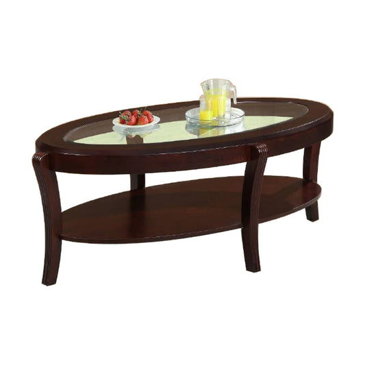 Lyn 53 Inch Coffee Table with Oval Glass Top and Lower Shelf, Brown Wood By Casagear Home