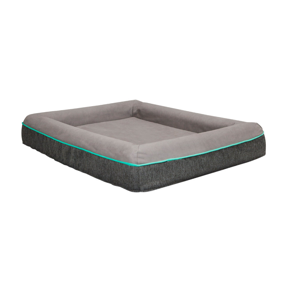 Rio 28 Inch Dog Bed, Teal Piping, Memory Foam, Cushioned, Gray Finish