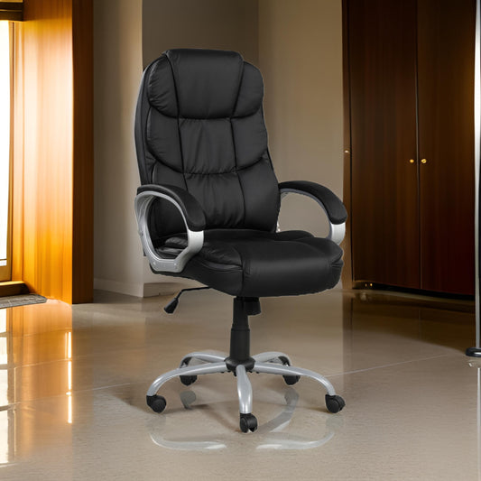 30 Inch Office Chair, 360 Degree Swivel, Cushioned Black Faux Leather By Casagear Home