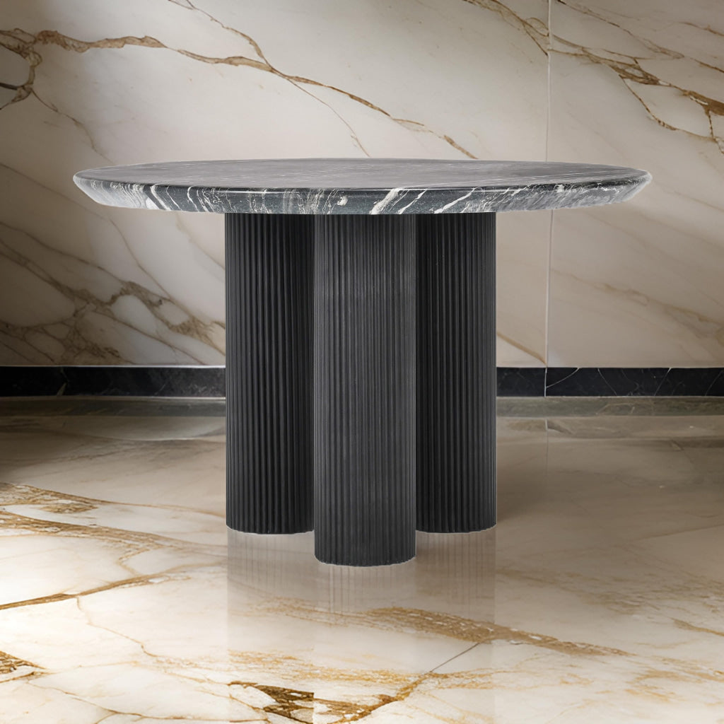 Rian 47 Inch Outdoor Dining Table Round Black Glass Stone Top Pedestal By Casagear Home BM314726