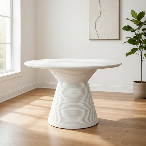 Fen 47 Inch Outdoor Dining Table, Round Pedestal Base, White Concrete By Casagear Home