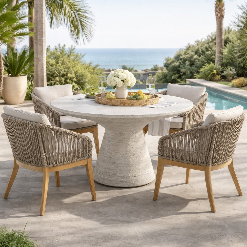 Fen 47 Inch Outdoor Dining Table, Round Pedestal Base, White Concrete By Casagear Home