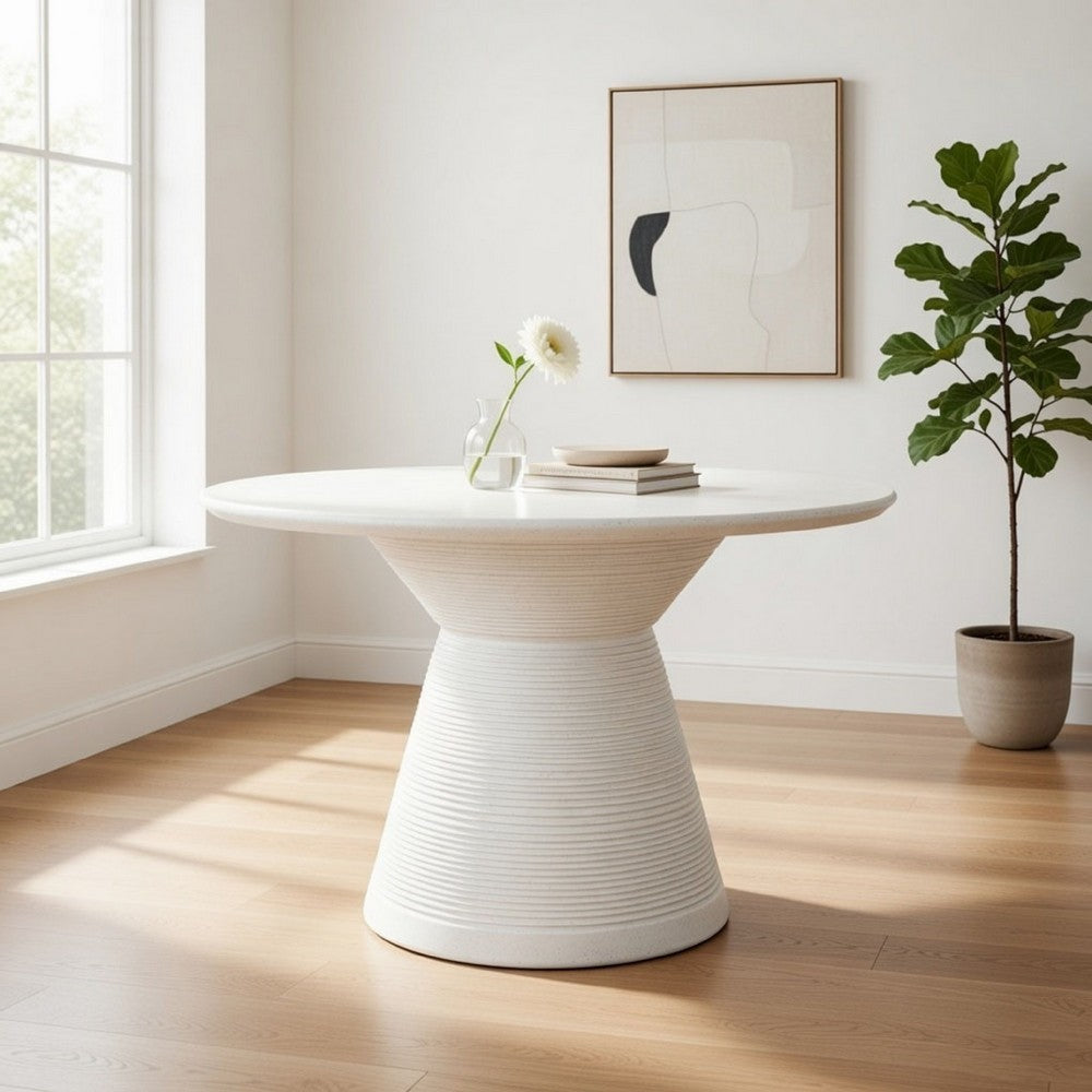 Fen 47 Inch Outdoor Dining Table, Round Pedestal Base, White Concrete By Casagear Home