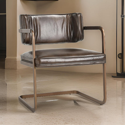 Fond 25 Inch Dining Chair, Open Back, Brown Real Leather Cantilever, Iron By Casagear Home