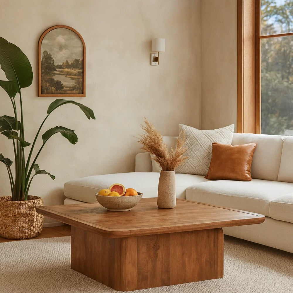 Loe 48 Inch Coffee Table, Square Top, Solid Mango Wood Platform Plinth Base By Casagear Home