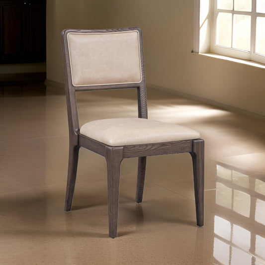 Ese 25 Inch Dinning Chair Beige Real Leather Open Style Brown Solid Wood By Casagear Home BM314750