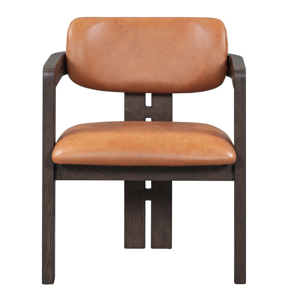 Tyna 24 Inch Dining Armchair Tan Real Leather Brown Solid Ash Wood By Casagear Home BM314753