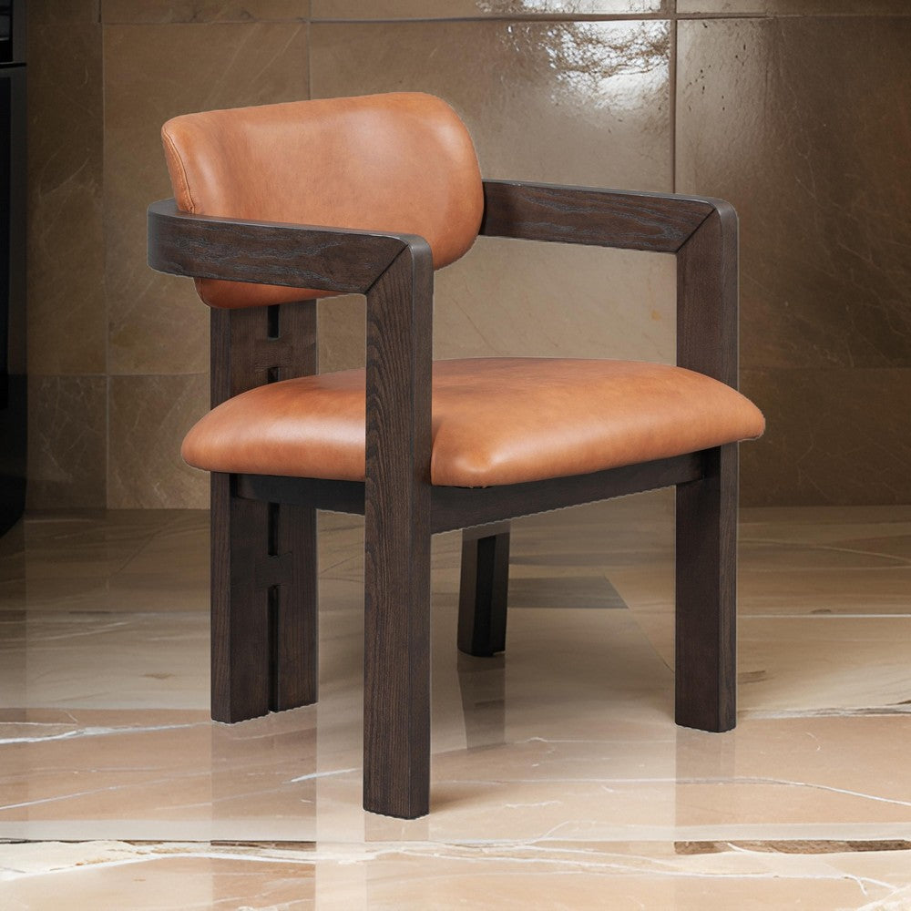 Tyna 24 Inch Dining Armchair, Tan Real Leather, Brown Solid Ash Wood By Casagear Home