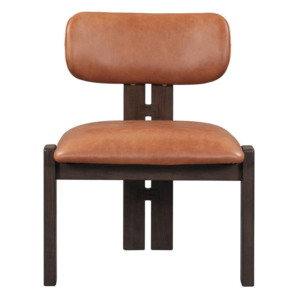 Tyna 25 Inch Dining Chair Tan Real Leather Armless Brown Solid Ash Wood By Casagear Home BM314754