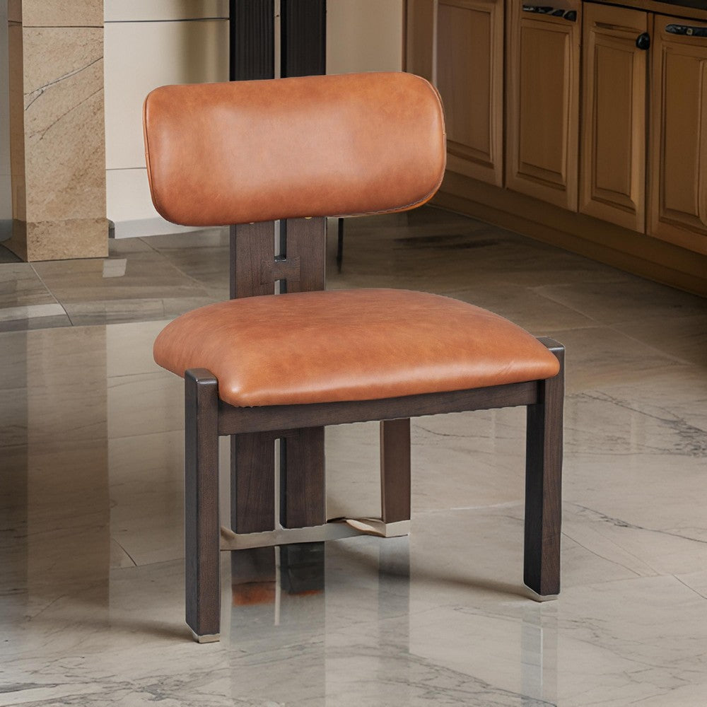 Tyna 25 Inch Dining Chair, Tan Real Leather, Armless, Brown Solid Ash Wood By Casagear Home