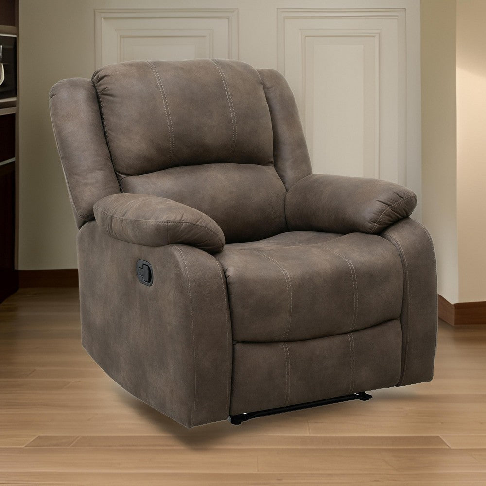 Chris 38 Inch Manual Recliner Chair, Cushions, Solid Wood, Brown Microfiber By Casagear Home