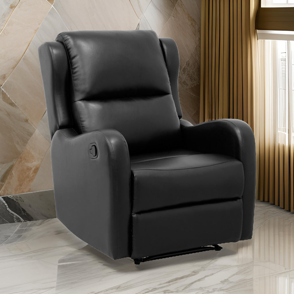 Kim 38 Inch Manual Recliner Chair Cushioned Black Faux Leather Solid Wood By Casagear Home BM314758