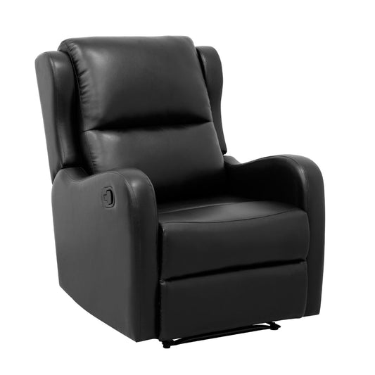 Kim 38 Inch Manual Recliner Chair, Cushioned Black Faux Leather, Solid Wood By Casagear Home