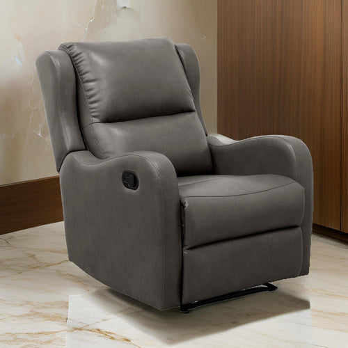 Kim 38 Inch Manual Recliner Chair, Cushioned Gray Faux Leather, Solid Wood By Casagear Home