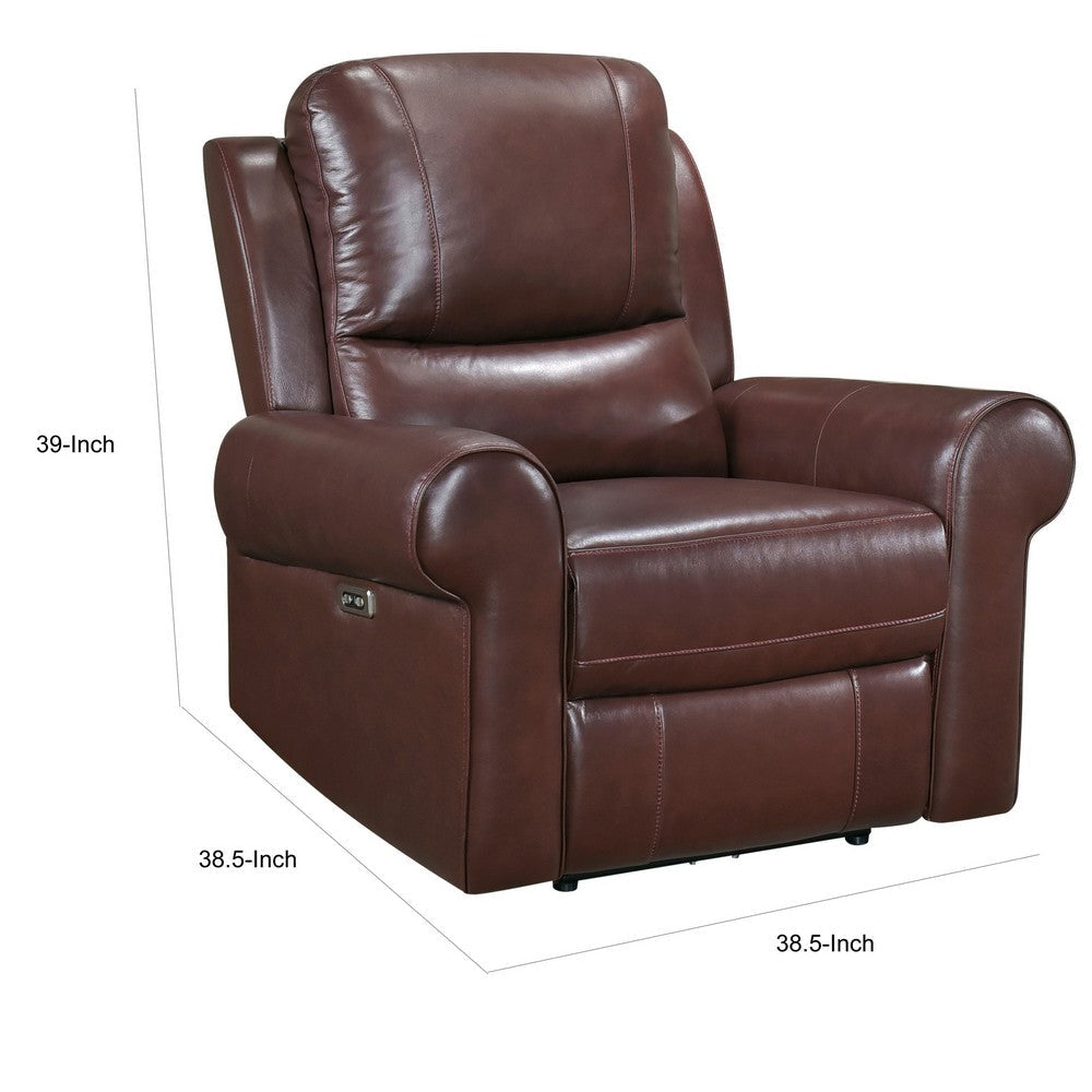 Michael 39 Inch Power Recliner Chair USB Port Brown Top Grain Leather By Casagear Home BM314767