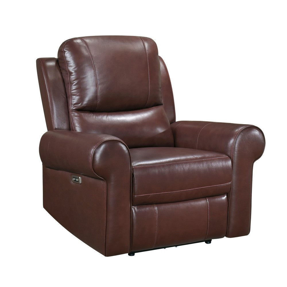 Michael 39 Inch Power Recliner Chair USB Port Brown Top Grain Leather By Casagear Home BM314767