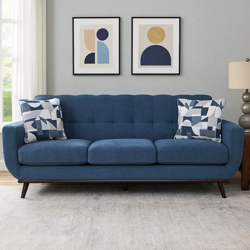 Keto 87 Inch Sofa, Blue Chenille, 2 Throw Pillows, Brown Solid Wood By Casagear Home