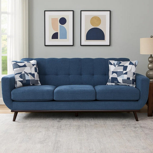 Keto 87 Inch Sofa, Blue Chenille, 2 Throw Pillows, Brown Solid Wood By Casagear Home