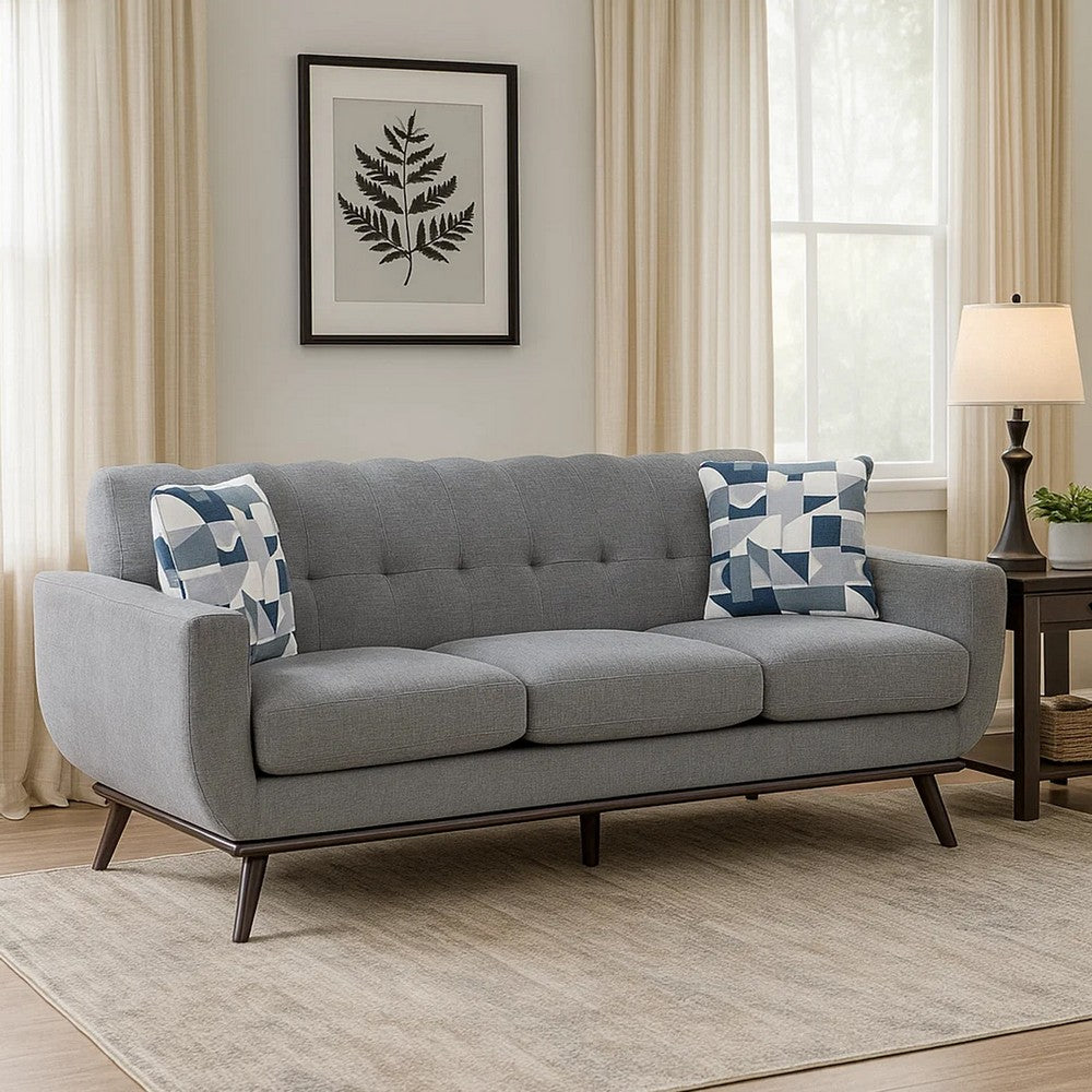 Keto 87 Inch Sofa, Gray Chenille, 2 Throw Pillows, Brown Solid Wood By Casagear Home