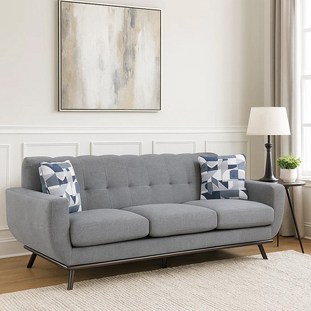 Keto 87 Inch Sofa, Gray Chenille, 2 Throw Pillows, Brown Solid Wood By Casagear Home