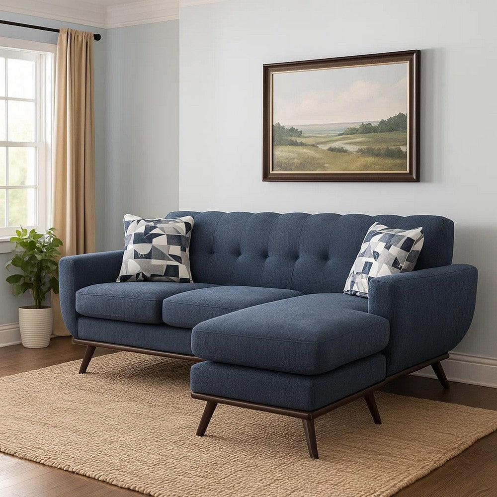 Keto 87 Inch Reversible L Shape Sofa With Chaise, 2 Pillows, Blue Chenille By Casagear Home