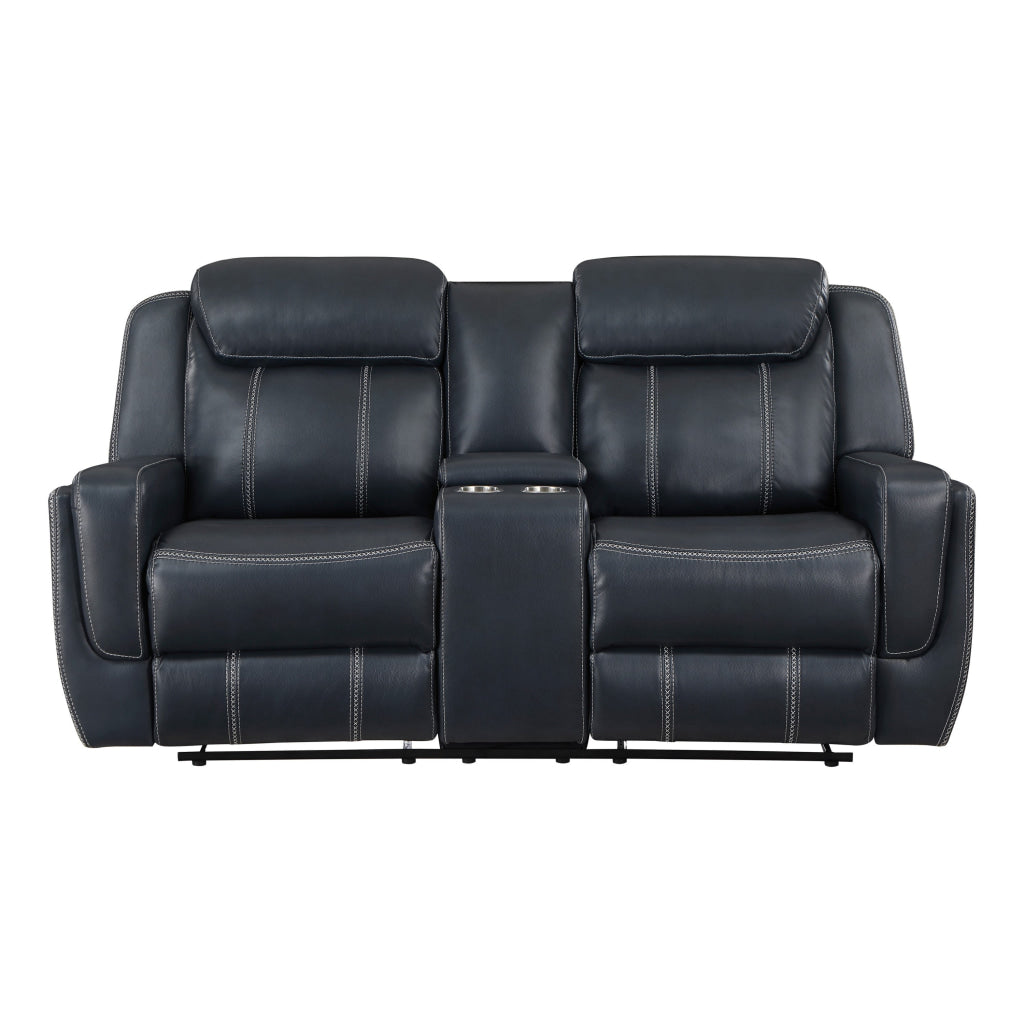 Louise 76 Inch Dual Manual Recliner Loveseat Cupholder Blue Faux Leather By Casagear Home BM314782