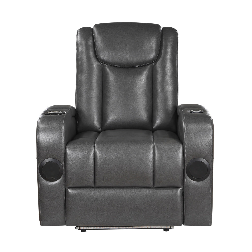 Emily 38 Inch Power Recliner Chair Cooling Cupholder LED Gray PU Leather By Casagear Home BM314796