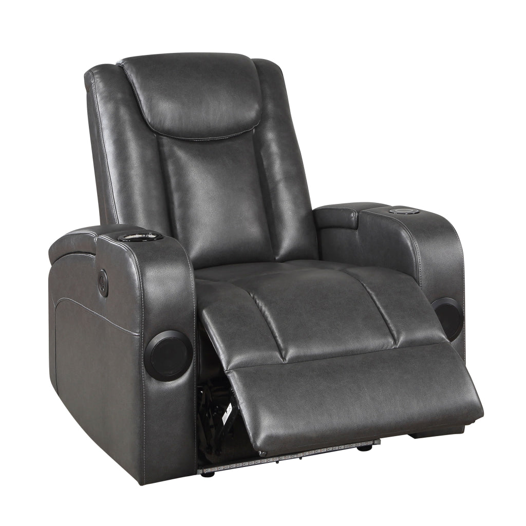 Emily 38 Inch Power Recliner Chair Cooling Cupholder LED Gray PU Leather By Casagear Home BM314796