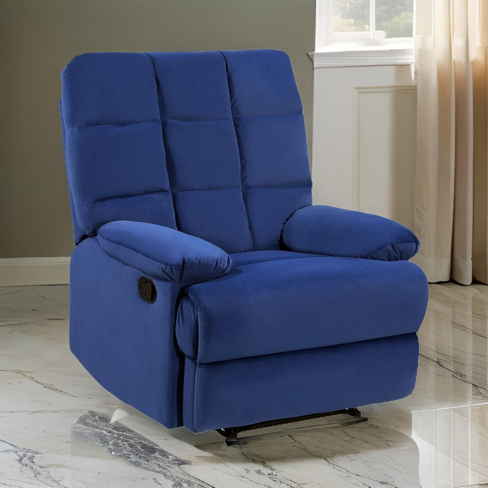 Patty 36 Inch Manual Recliner Chair, Cushioned, Blue Velvet, Solid Wood By Casagear Home