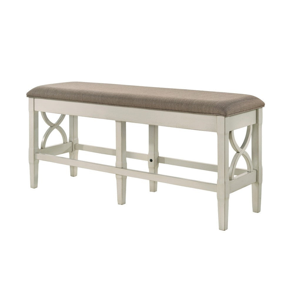 Marie 55 Inch Counter Height Bench Khaki Fabric Upholstered Beige Wood By Casagear Home BM314803