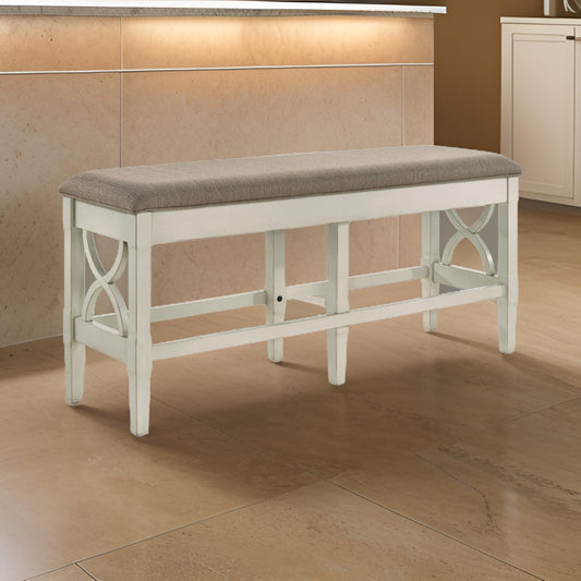 Marie 55 Inch Counter Height Bench, Khaki Fabric Upholstered, Beige Wood By Casagear Home