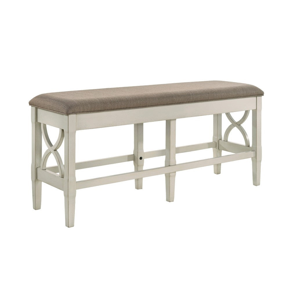 Marie 55 Inch Counter Height Bench Khaki Fabric Upholstered Beige Wood By Casagear Home BM314803