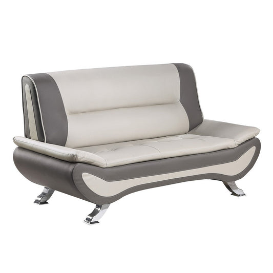 Elle 64 Inch Loveseat, Beige, Gray Faux Leather, Metal Legs, Solid Wood By Casagear Home