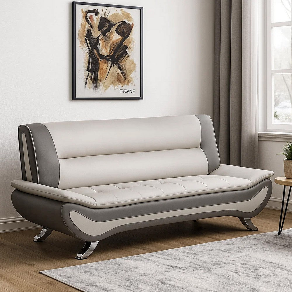Elle 78 Inch Sofa, Beige, Gray Faux Leather, Metal Legs, Solid Wood Frame By Casagear Home