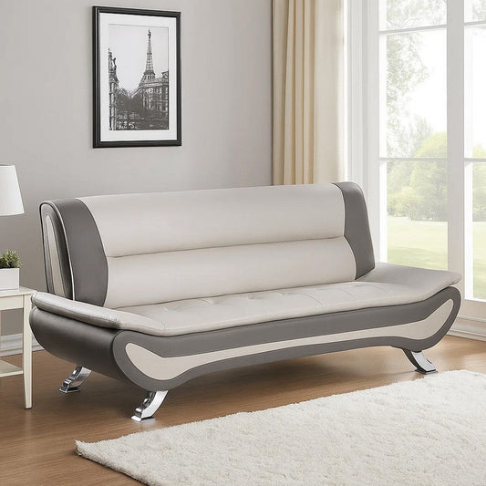 Elle 78 Inch Sofa, Beige, Gray Faux Leather, Metal Legs, Solid Wood Frame By Casagear Home
