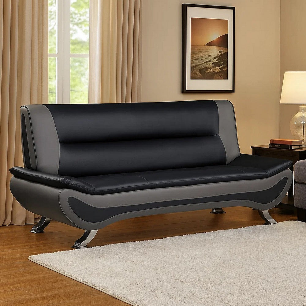 Elle 78 Inch Sofa, Black, Gray Faux Leather, Metal Legs, Solid Wood Frame By Casagear Home