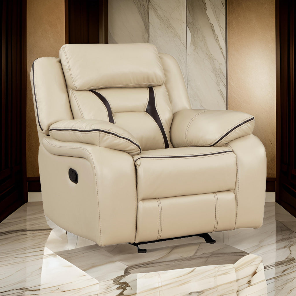 Millie 40 Inch Manual Recliner Chair Beige Faux Leather Solid Wood Metal By Casagear Home BM314815