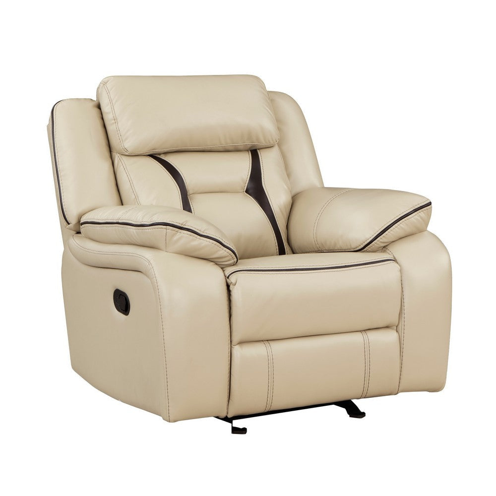 Millie 40 Inch Manual Recliner Chair, Beige Faux Leather, Solid Wood, Metal By Casagear Home