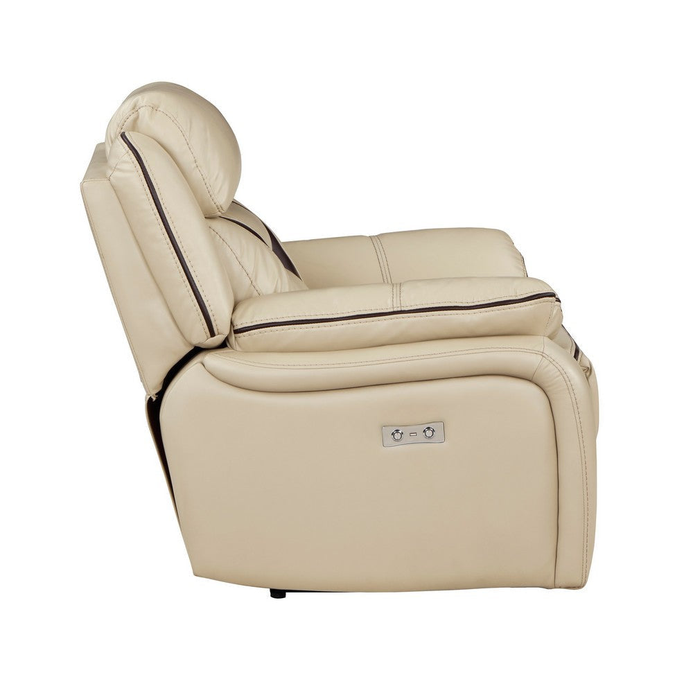 Millie 40 Inch Power Recliner Chair Beige Faux Leather Solid Wood Metal By Casagear Home