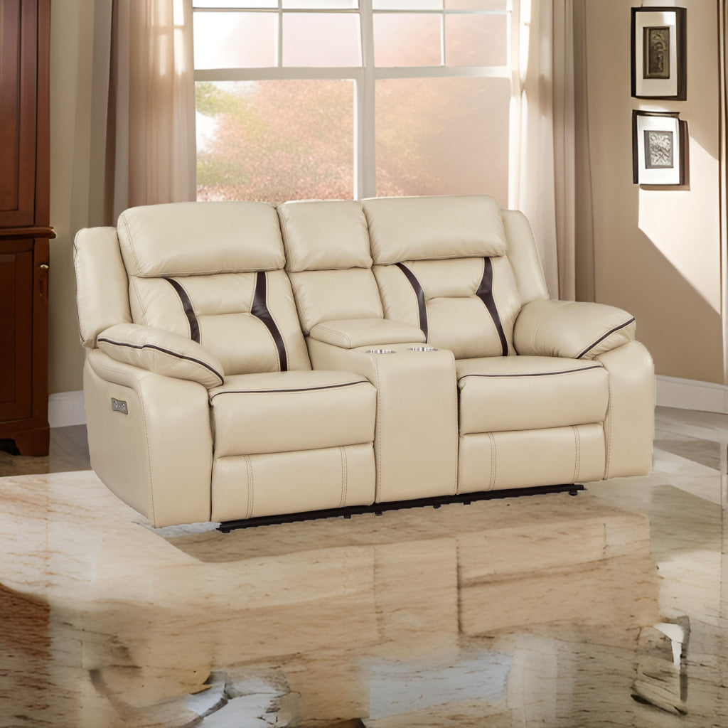 Millie 76 Inch Power Dual Recliner Loveseat, Cupholders, Beige Faux Leather By Casagear Home