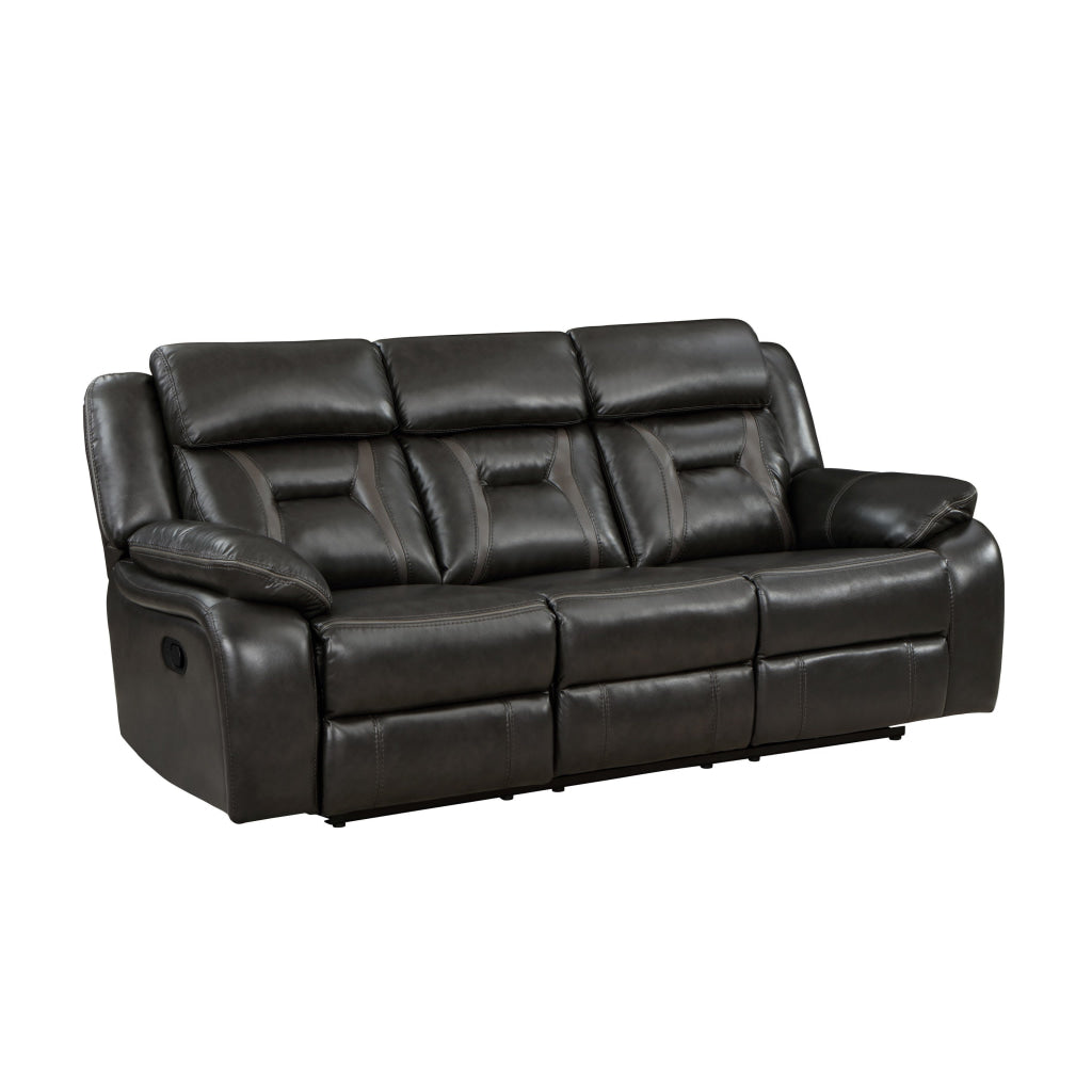 Millie 86 Inch Manual Dual Recliner Sofa Cushioned Dark Gray Faux Leather By Casagear Home BM314824