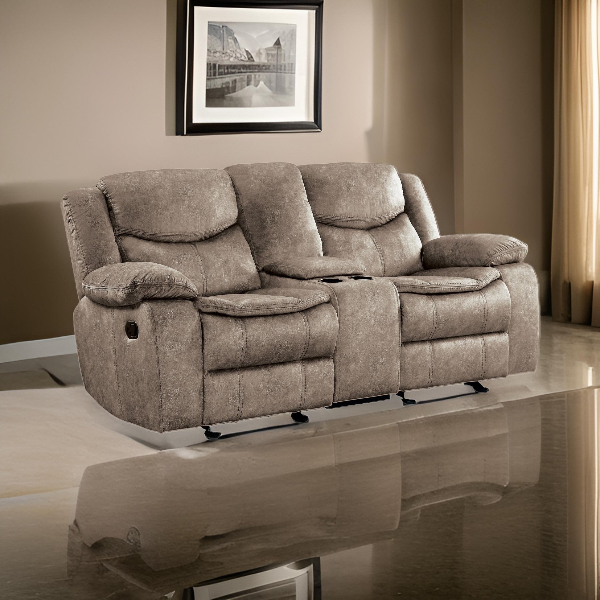 Joe 79 Inch Manual Dual Glider Recliner Loveseat, Console, Brown Microfiber By Casagear Home