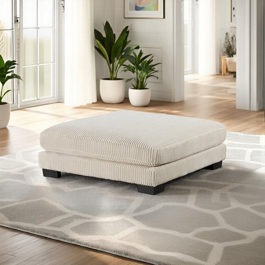 Rix 45 Inch Ottoman, Attached Seat Cushion in Beige Corduroy Fabric, Wood By Casagear Home