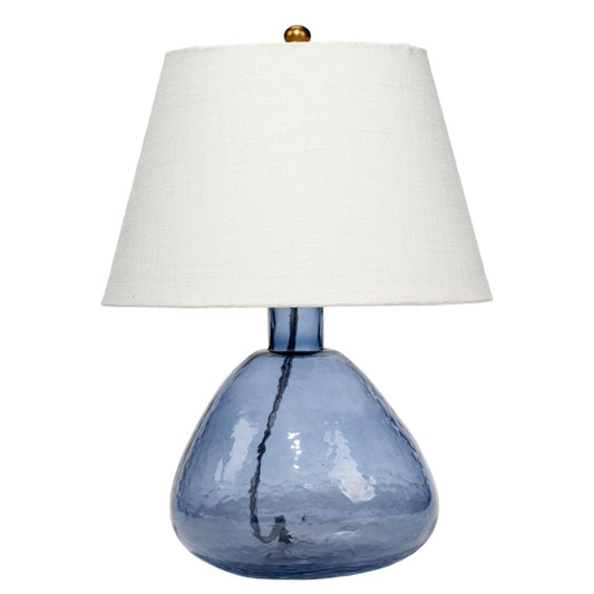 Navi 17 Inch Table Lamp, White Linen Drum Shade, Blue Glass Curved Body By Casagear Home