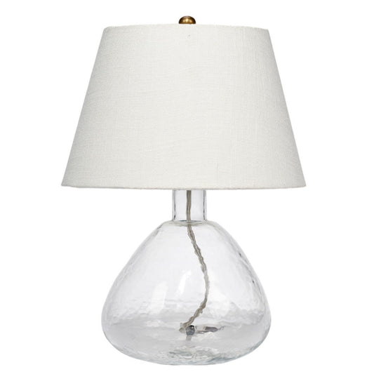Navi 17 Inch Table Lamp, White Linen Drum Shade, Clear Glass Curved Body By Casagear Home