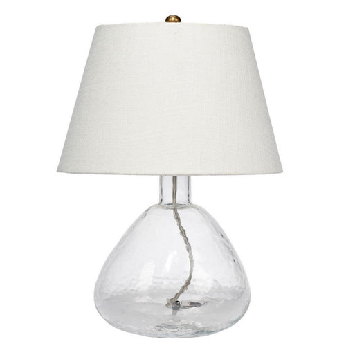 Navi 17 Inch Table Lamp, White Linen Drum Shade, Clear Glass Curved Body By Casagear Home